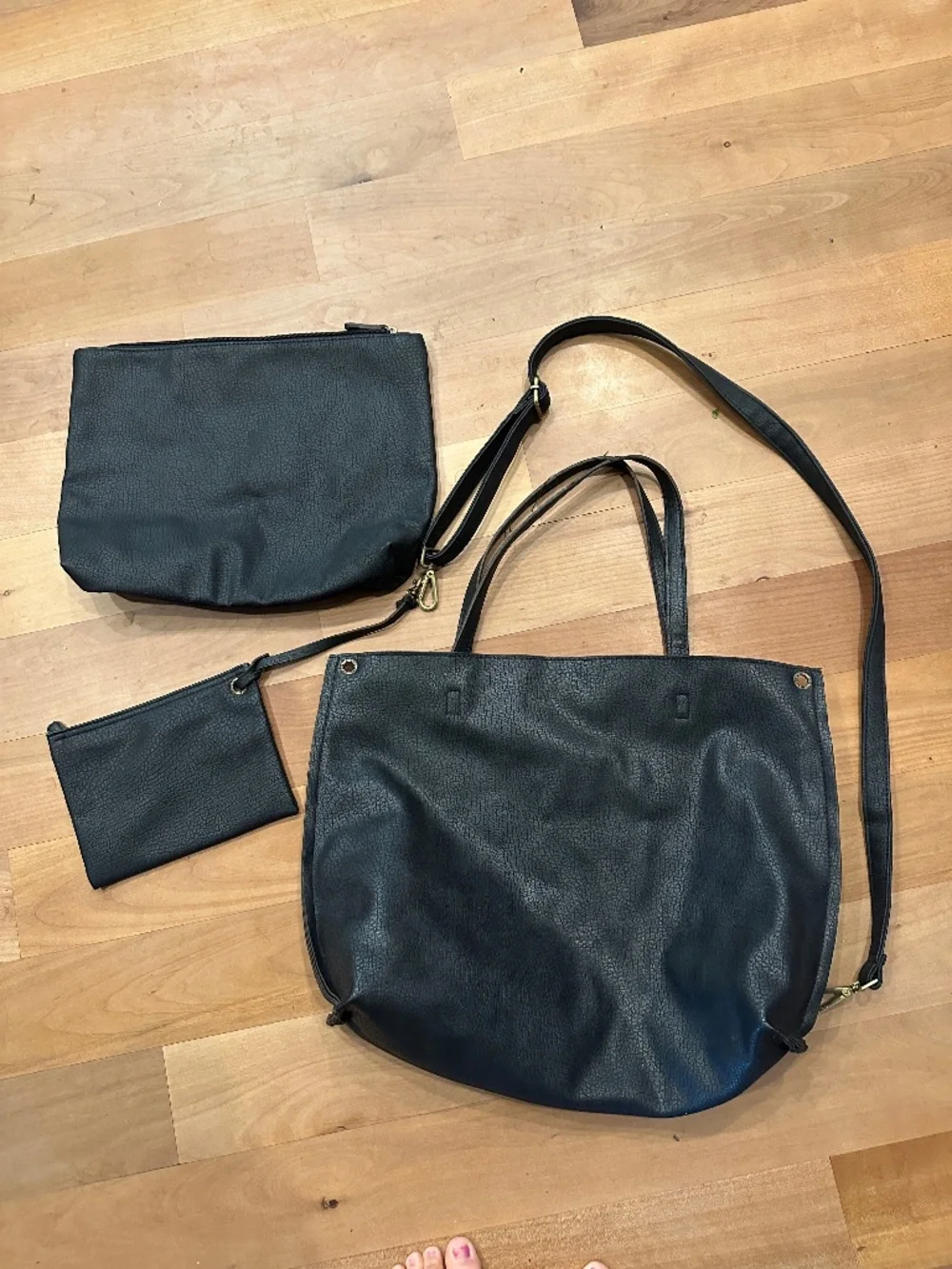 Free People Black Vegan Leather 3-Piece Tote Bag Set with Crossbody Strap, Match